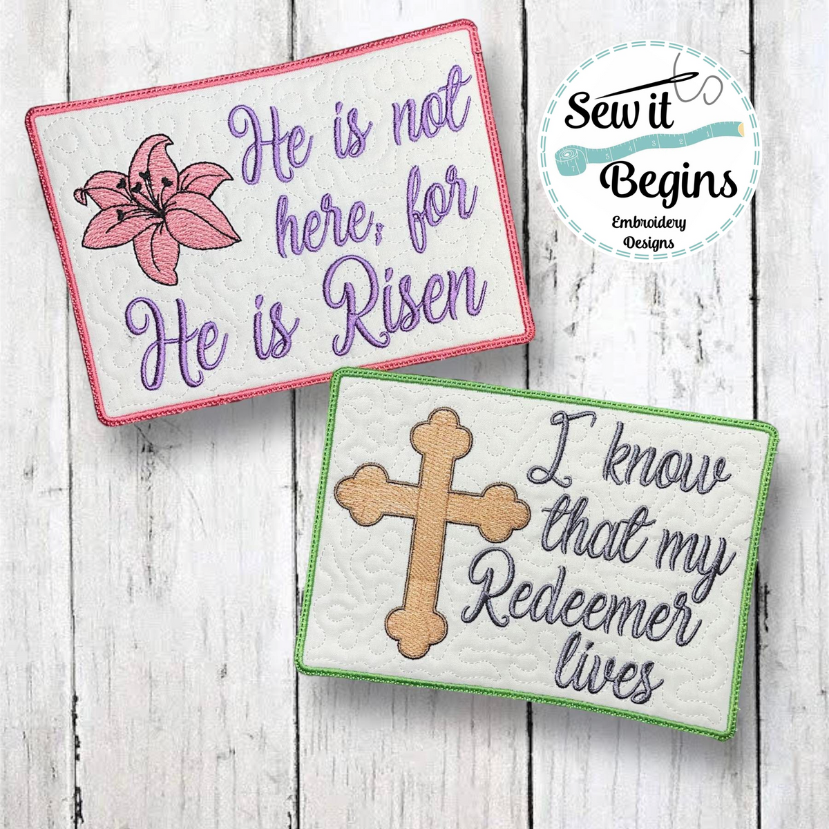 Easter Bible Quotes He Is Risen Design Set Of 2 Mug Rugs 5x7 – Sew It 