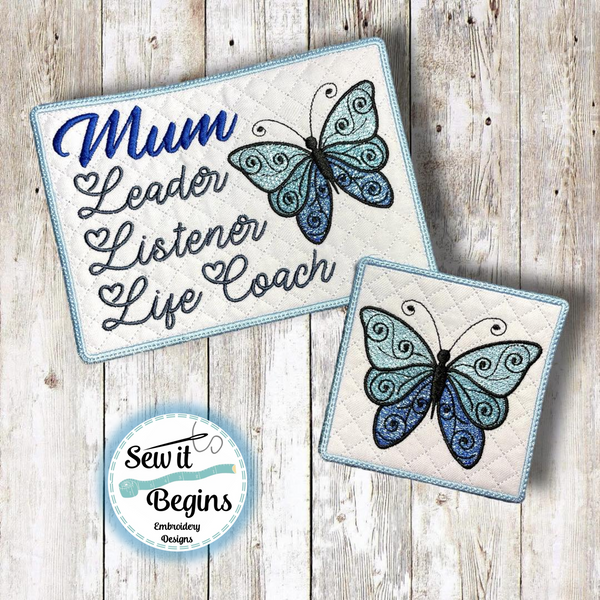 Mothers Day Swirly Butterfly Design - Coaster 4x4 and a Mug Rug 5x7 - Digital Download