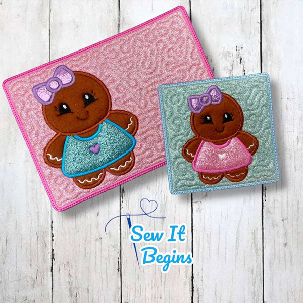 Chubby Gingerbread Man GIRL Design - Coaster 4x4 and a Mug Rug 5x7 - Digital Download