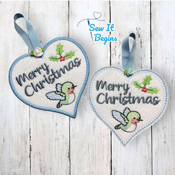 Hummingbird Merry Christmas 4" Heart Decorations Set of 2 - Digital Download