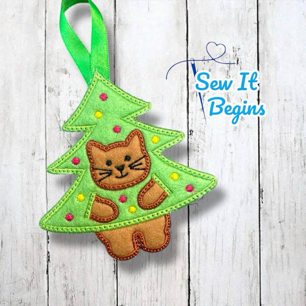 Naughty Applique Cat in a Christmas Tree Decoration 4x4  - Digital Download