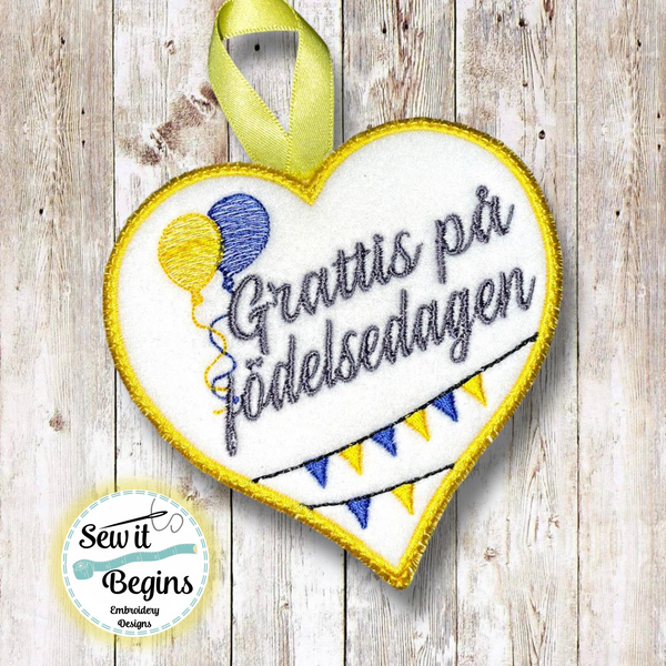 Swedish Happy Birthday Heart Hanging Decoration 4x4 - Digital Download