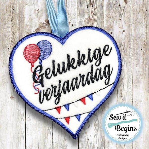 Dutch Happy Birthday Heart Hanging Decoration 4x4 - Digital Download