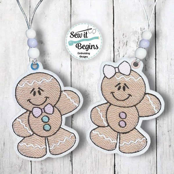 Sketch filled Gingerbread Boy and Girl Hanging Decorations 4x4