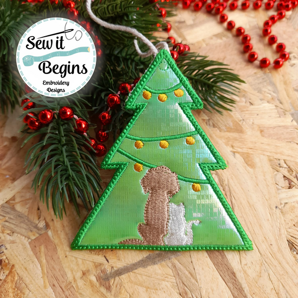 Dog and Cat in the Christmas Tree, Tree Shaped Decoration 4x4  - Digital Download