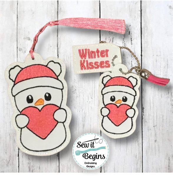 Winter Kisses Cute Snowman with Heart Book Mark and Feltie Charm and Tag Set  4x4 - Digital Download