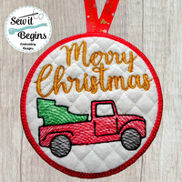 Merry Christmas 4x4 Circle Coaster with Red Truck and Tree -  Digital Download