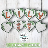 Cute Giraffe with Jungle Leaves Hearts Banner/Coasters  4" Heart Decorations Set of 4 - Digital Download