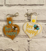 Bee Happy Heart Shaped In The Hoop Snap Tab Key ring fob design