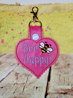 Bee Happy Heart Shaped In The Hoop Snap Tab Key ring fob design