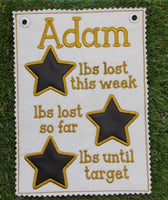 In the Hoop Chalkboard Weight Loss Tracker Stars Target Weight lbs lost total Embroidery Design
