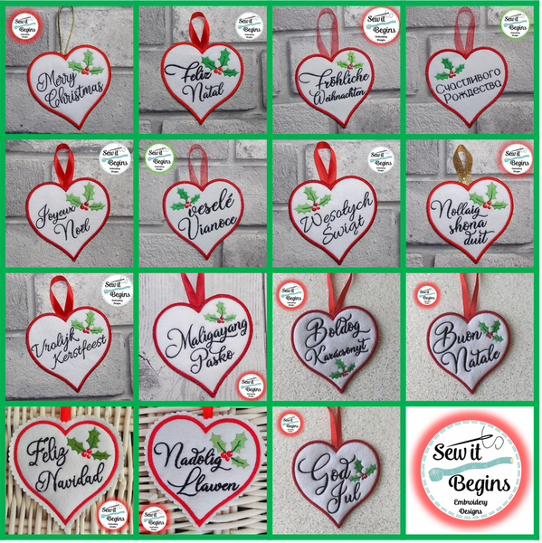 All 15 Different Languages Merry Christmas Heart Hanging Decorations 4x4
