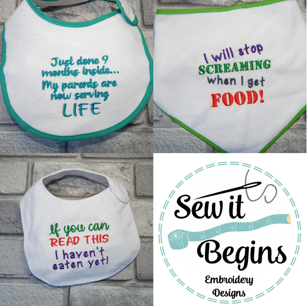 Set of 3 Funny Baby Bib Embroidery Designs 4x4 Hoop