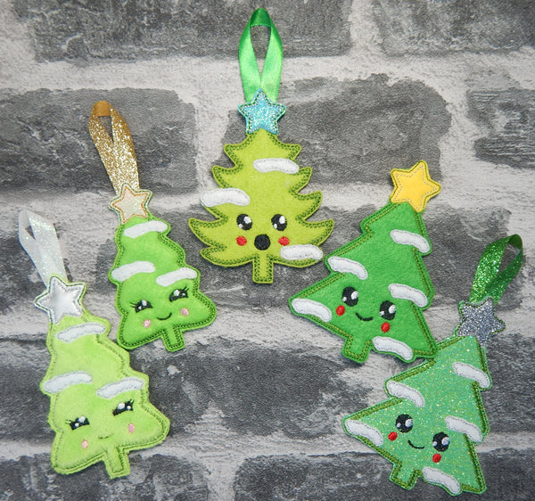 Set of 3 Cute Kawaii Christmas Trees 4 x 4 In The Hoop Embroidery Designs
