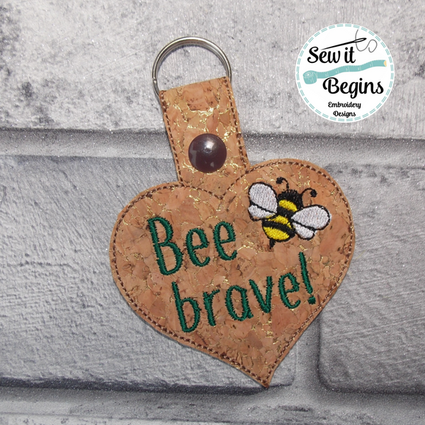 Bee Brave Heart Shaped In The Hoop Snap Tab Key ring fob design