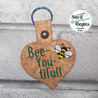 Bee-You-Tiful Heart Shaped In The Hoop Snap Tab Key ring fob design