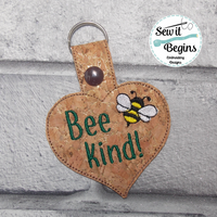 Bee Kind Heart Shaped In The Hoop Snap Tab Key ring fob design