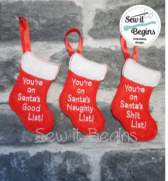 Mini In The Hoop Hanging Stocking. with Santa's List Wording 4x4