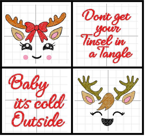 Christmas Reindeer Kawaii Style Small Embroidery Designs Set of 4