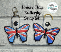 UK Union Flag Butterfly Shaped In The Hoop Key ring Key fob design