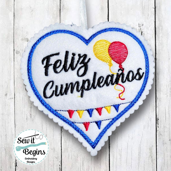 Spanish Happy Birthday Heart Hanging Decoration 4x4 - Digital Download
