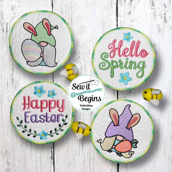 Hello Spring Easter Gnomes Round Coasters (Set of 4) - Digital Download