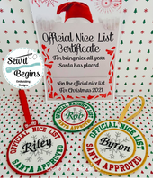 Official Naughty and Nice List Medal, Badge and Hanger Applique, with Printable Certificate 4x4 hoop