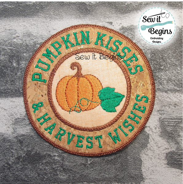 Pumpkin Kisses and Harvest Wishes Decoration Applique or Coaster 4x4