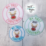 My First Christmas 2022 Reindeer Ornament Decoration, 4" Hanger Applique and 3" Badge