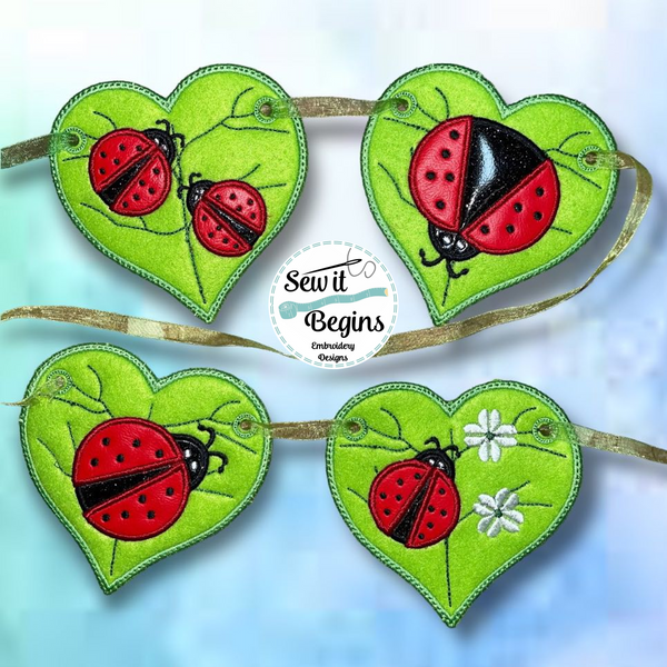 Lady Bird Bug on a Leaf Hearts Coasters 2 Versions 4" Heart Decorations Set of 4 - Digital Download